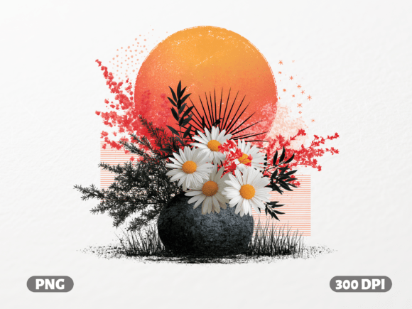 Daisy Floral Sunset Vase PNG: Graphics for T-Shirt Designs