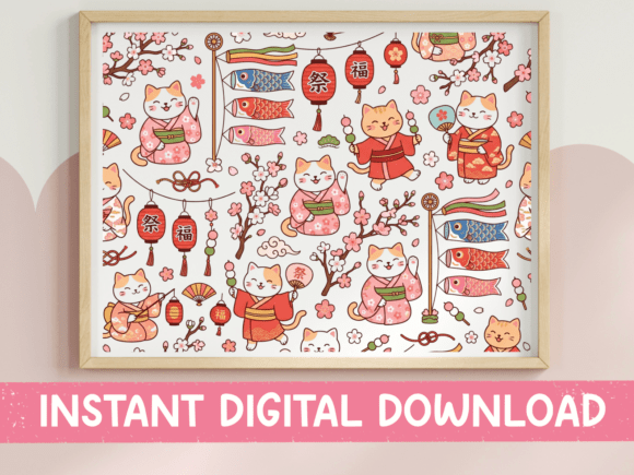 Kawaii Japanese Cat Festival Pattern Graphics & T-Shirt Designs